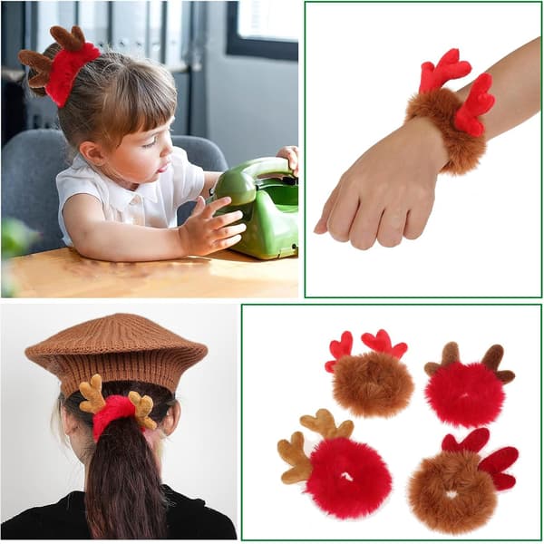 2 stk. Plys Jule-gevir Hår-scrunchies, Søde Elastiske Fluffy Elg Hårbånd Armbånd, til Piger Kvinder, 2 stk. Brun #B
