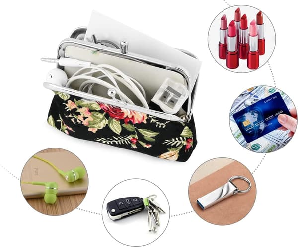 Møntpunge Blomster Kiss-lock Pung med Klemmer til Kvinder - Sort