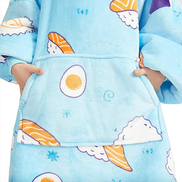 Oversized hættetrøje bærbart tæppe sweatshirt til mænd og kvinder, behageligt Sherpa-for super blødt plys varmt tæppe hættetrøje, hjemmehættetrøje gaver Sushi Blue