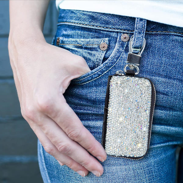 Bling Crystal Bilnyckel Fodral Äkta Läder Auto Smart Nyckelring Hållare Metallkrok och Nyckelring Dragkedja Väska för Fjärrkontroll
