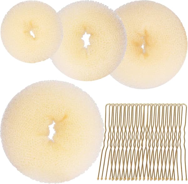 Hårknutsformare, 4 storlekar beige munkknutsformare + 20 gyllene hårnålar för blont hår, chignonknutsformare, hårringstillbehör