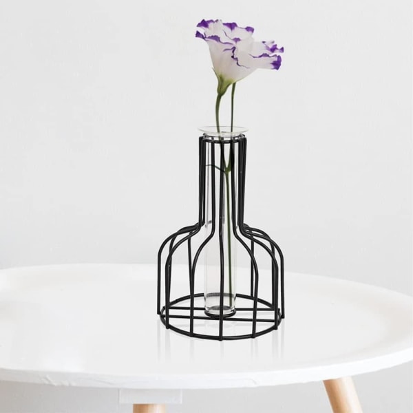 Blomstervas, svart vas med geometrisk metallram, modern glasvas för blommor, konstgjorda hydroponiska svarta vaser för blommor, mittpunkter i vardagsrummet