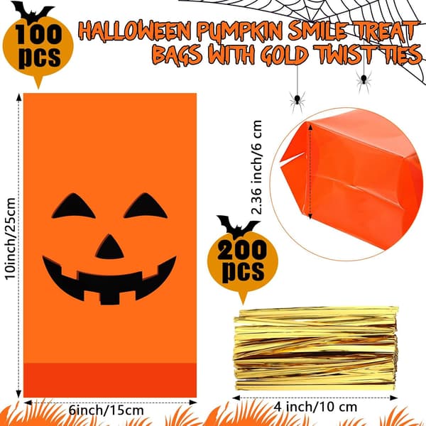 50 stycken Halloween-presentpåsar Pumpa-leendemönster Platta cellofanpåsar Halloween-plastpåsar