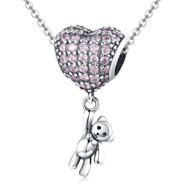 DIY perlebånds bjørneballontilbehør indlagt med hjerteformede zirkoner og diamanter S925 sterling sølvperler