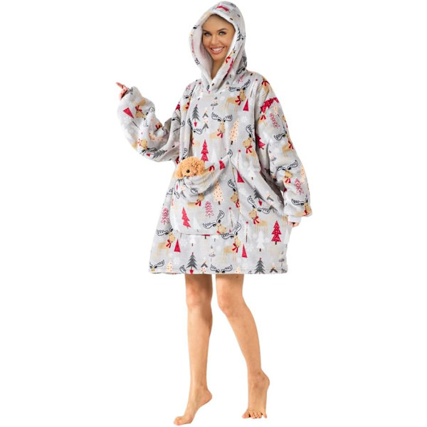 Oversized bærbare tæpper, blødt plys trykt Sherpa tæppe sweatshirt med lommer, one size fits all Elk