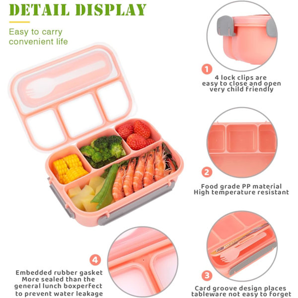 Bento Box Frokost til Voksne, Lækagesikker Bento Frokostboks til Børn, Opvaskemaskine, Fryser Sikker Bpa-Fri pink