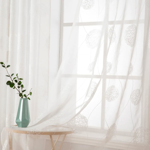 Gardiner Gennemsigtig Voile Blomsterbroderi Øjet Gardiner Transparent Gardin 2 Stk Øjet Gardin Gardinpar Vinduesgardin Til Stue Soveværelse White 140*260cm