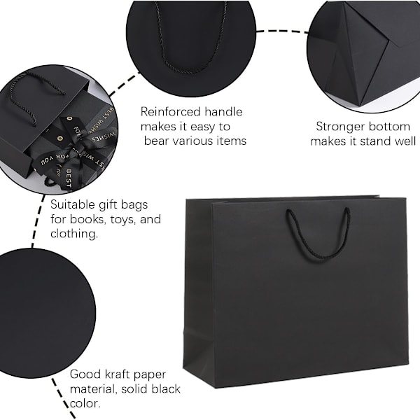Pakke med 10 ekstra store gaveposer 40*28*12 cm sorte gaveposer til mænd bryllupsgaveposer sorte papirposer