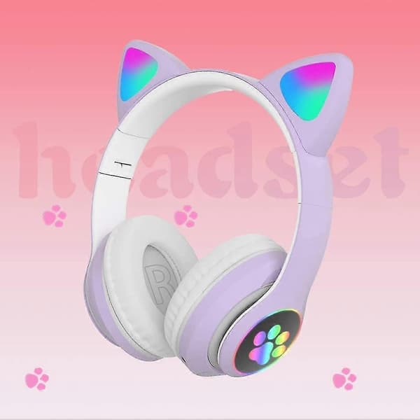Gaming Headset Mode Bluetooth Kat Øre Led Lysende Trådløst Headset - Pink