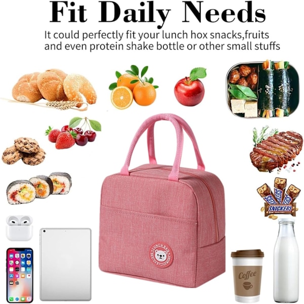 Frokosttaske, sød pap-isoleret madkasse, genanvendelige frokosttasker, vandtæt frokosttaske, foldbar frokosttaske til kvinder, mænd, børn og studerende Pink