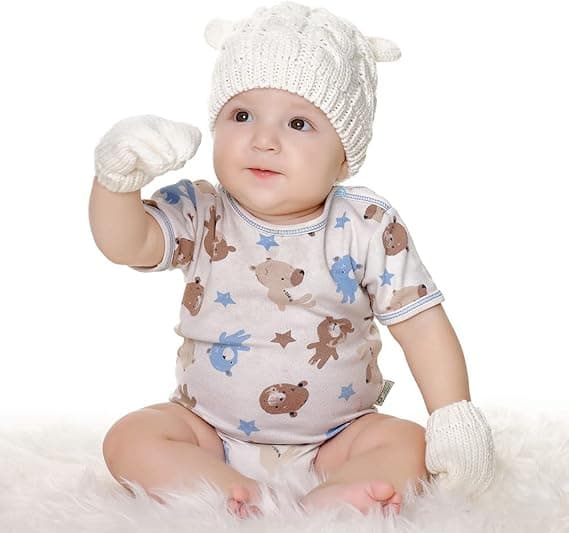 Nyfödd Baby Vintermössa Vantset, Spädbarn Småbarn Varm Stickad Mössa Handskset, för Pojkar Flickor, (Vit, M)