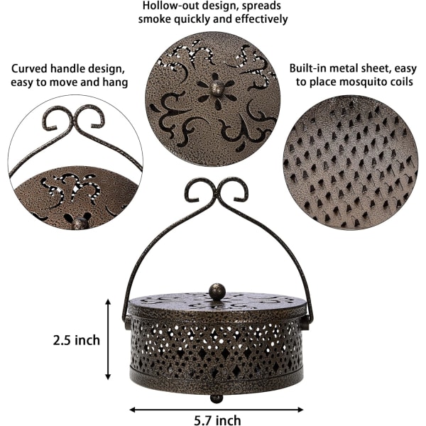 Myggspiralhållare, Retro Portabel Mygga rökelsebrännare för hem och camping (brun)
