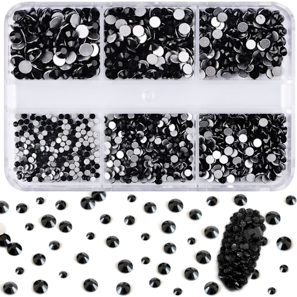 6-osainen kynsien koristeluun tarkoitettu timantti- ja glitter-koristepaketti, 3D-kärjet, DIY-koristelu, Jet Black -kynsitimantteja, kynsikoristeita