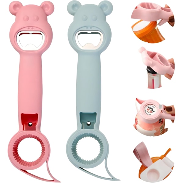2PCS 4 i 1 Multifunksjonell Boksåpner Flaskeåpner Beskytt Negl for Folk Bruk Søt Bjørn Flaskeåpner (Rosa og Grå)