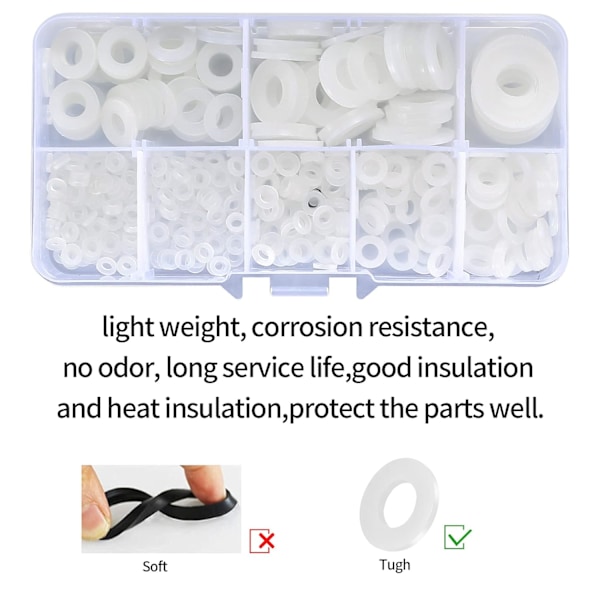 500 Stykker Nylon Flade Skiver, Flade Skive Isolering Runde Afstandsstykker Pakning VVS Sortiment Sæt - Hvid, M2/M2.5/M3/M4/M5/M6/M8/M10