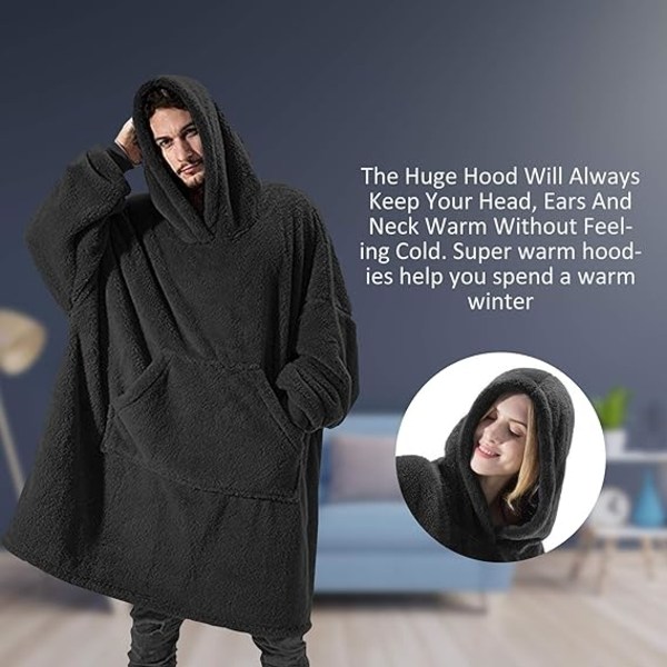 Hoodiefilt, Oversized Sherpa Hoodie, Bärbar Hoodie Sweatshirt Filt, Super Soft Warm Bekväm filt Hoodie, One Size Passar Alla Vuxna Black
