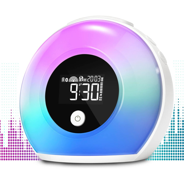 Herätysvaloherätyskello – lasten yövaloherätyskello Bluetooth kaiuttimella, 8 värikästä valoa, 4 kirkkaustasoa, torkkutoiminto