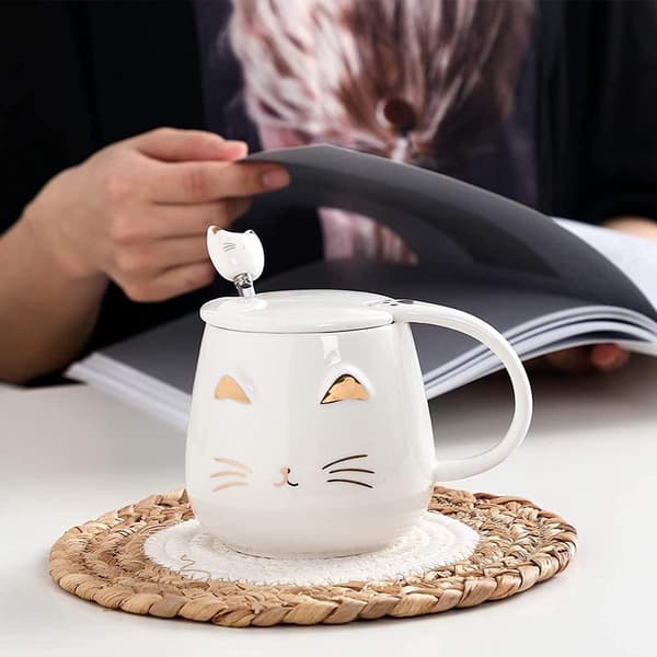 Sød Kat Tekop Keramik Kaffe Kop med Rustfrit Stål Ske til Killinger, 3D Dyr Kat Kopper til Katte Elskere Kvinder Gaver White