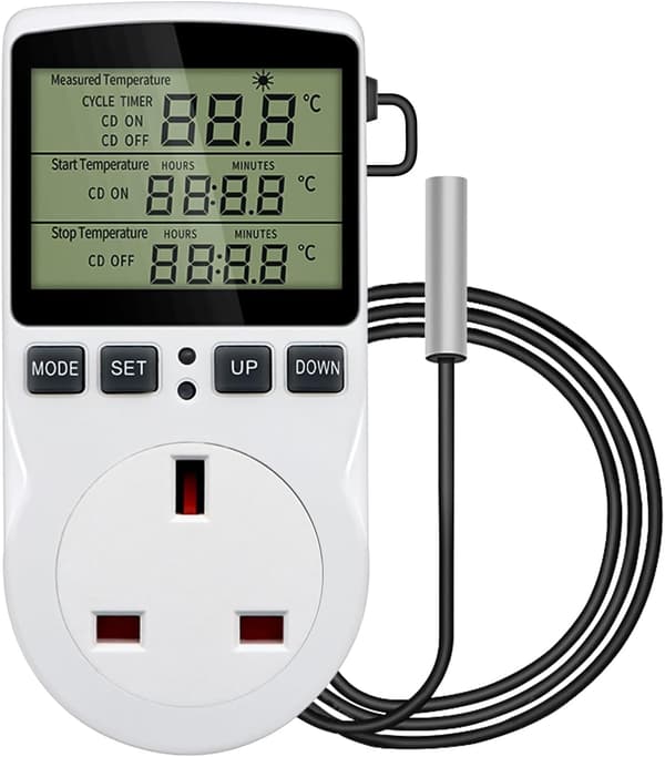 Digital temperaturkontroller, oppvarming kjøling timer, termostat UK-plugg med sensorprobe, for drivhus, gård, kjøleskap