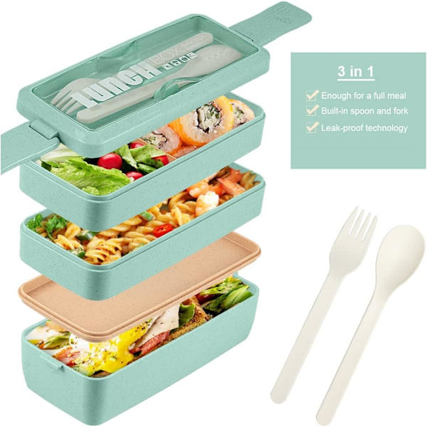 Lunchlåda, fackbehållare, vetehalm, läckagesäker stapelbar Bento lunchlåda måltidsförberedelse green