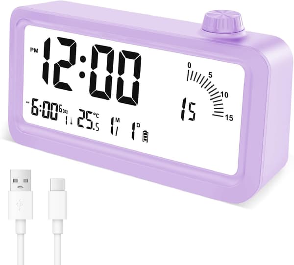 Digital Visuell Timer, 60 Minutters Nedtellingstimer, 3 Alarmmoduser, Temperatur- og Datovisning, for Barn Kjøkken, Lilla