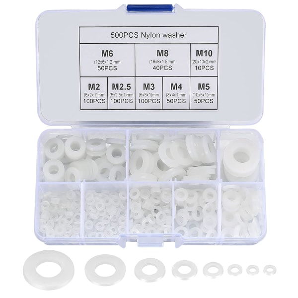 500 st Nylonplattbrickor, Plattbrickor Isolering Runda Distanser Packning VVS-sortiment - Vit, M2/M2.5/M3/M4/M5/M6/M8/M10