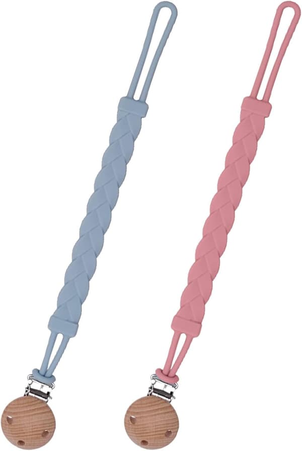 2 st silikon nappklämmor för bebisar, napphållare, nappkedjor för bebisar (rosa+blå)