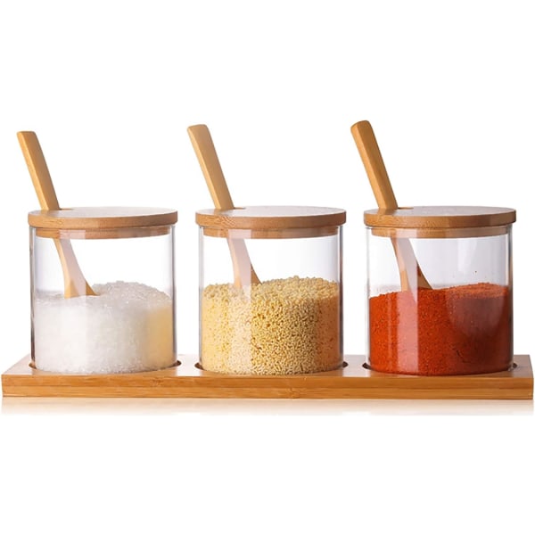 Condiment Container Seasoning Box Set Glass Condiment Canisters Pots with Bamboo Spoon Lid and Base