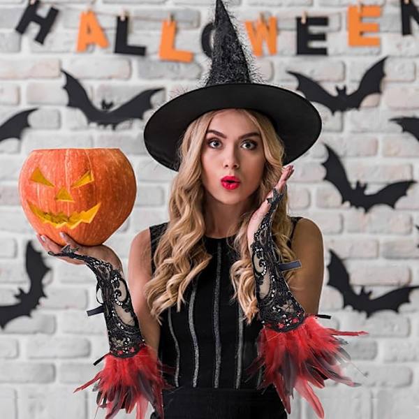 Fjerblonder Handsker, Vintage Blonder Handsker, Blonder Handsker, Velegnet til Aftensfester, Karneval, Halloween, Galla, Cosplay, Fest Red