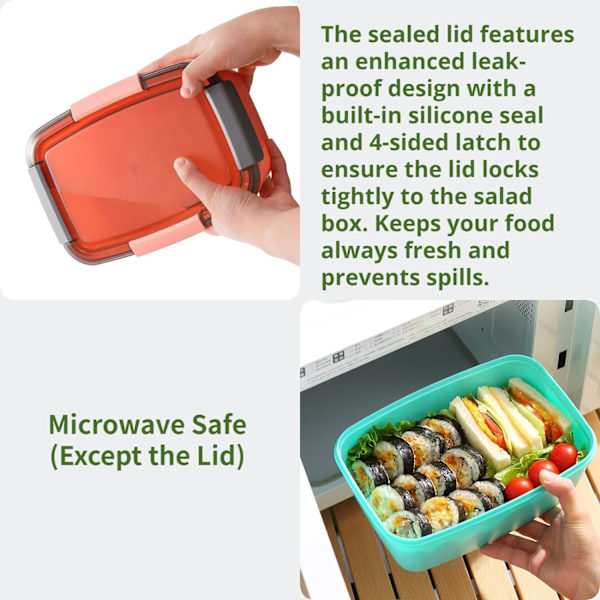 3-pack Salladslunchlåda med 4-delad bricka, Bento Lunchbox med sked & dressingkopp