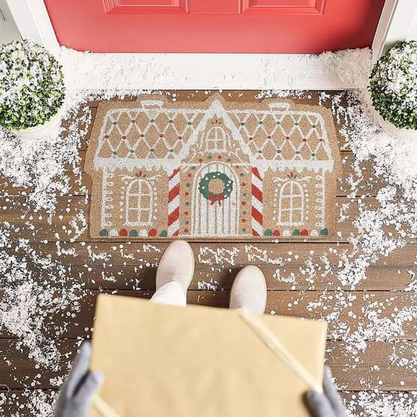 Julevelkomstmatte, utendørs pepperkakehus dørmatte og verandadekor, juleteppe fotorekvisitt gavepynt