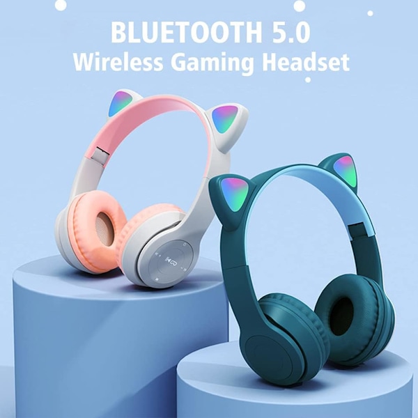Langattomat peli kuulokkeet, Bluetooth 5.0 taitettavat langattomat peli headsetit lapsille aikuisille kissankorvat LED-valolla (harmaa ja pinkki)