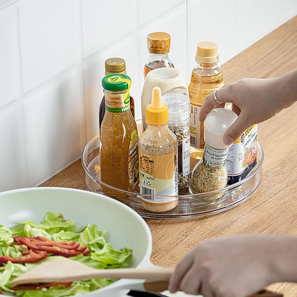Sæt med 2 Lazy Susan køkken drejeskiver 360° roterende opbevaringsbakker til køkken og badeværelse (27 x 4,6 cm + 23,5 x 3,8 cm)