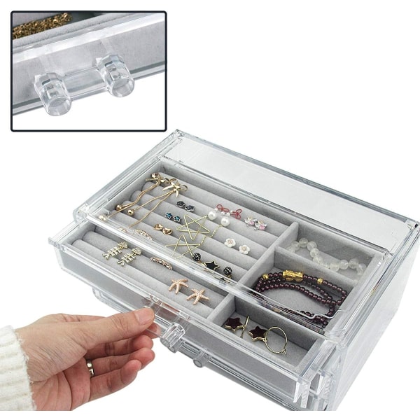Akryl smyckeskrin 3 lådor, sammet smycken förvaringsbox, örhängen Ringar Halsband Armband Display Box Presenter för damer, flickor.