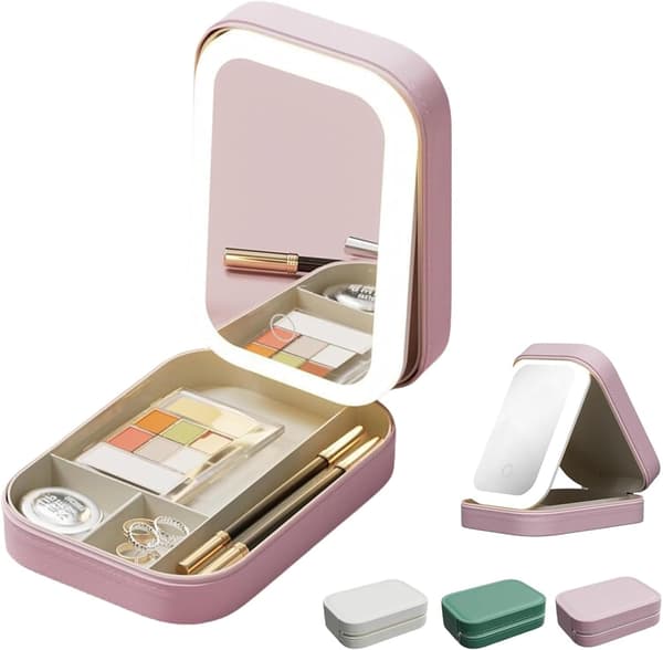 Integreret makeup-opbevaringsboks med lysfyldt spejl, 3 farvetilstande makeup-taske, LED-komplementærlys, foldbart etui (pink)