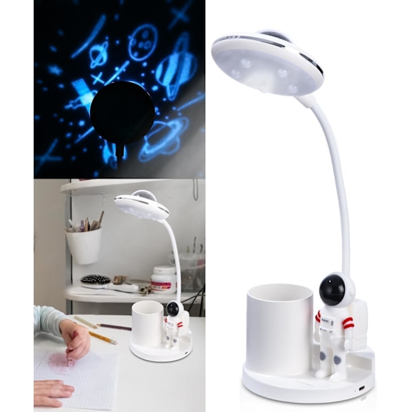 LED Skrivebordslampe, Dæmpbar Bordlampe med Penneholder og Projektion, USB Børneskrivebordslampe 3 Lysstyrkeniveauer, Dæmpbar Bordlampe til Studier