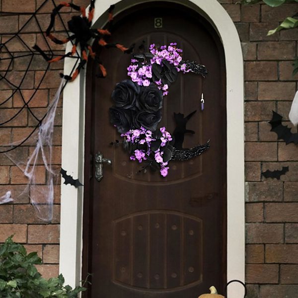 Halloween Svart Gren Kvistar Krans Skyltar för Entrédörr med Lampor, Handgjord Halloween Skräck Krans för Inomhus Utomhus Fönster Vägg(Flowe