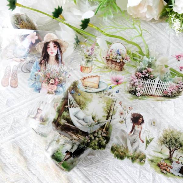 PET-tarrat 3 rullaa, kevät ja kukat, scrapbooking-tarvikkeet, läpinäkyvät tarrat lehtiöihin, päiväkirjoihin, scrapbooking-tarvikkeet, päiväkirjat color 2