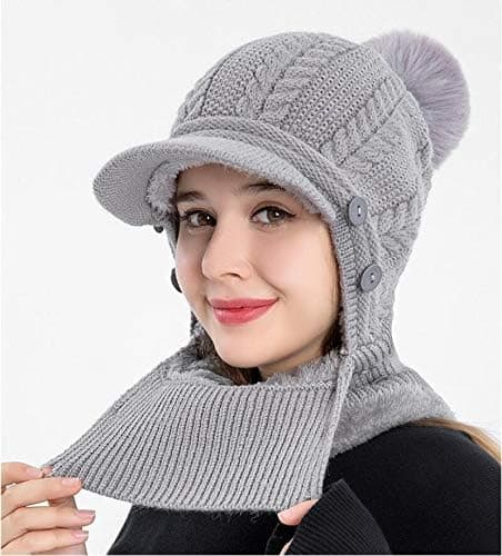 Vintervarm strikket baseballcaps for kvinner, ansiktsbandana halsvarmer med fluffy pompom, grå