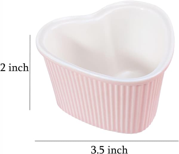Hjerteformede lyserøde porcelæns-souffléskåle, ramekiner - 3,5 tommer til soufflé, creme brulee og dip - Sæt med 4, lyserød