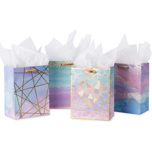 Presentpåsar i medium storlek - Färgglada marmorerade presentpåsar med silkespapper för shopping, fester, 4-pack - 7\" X 4\" X 9\"