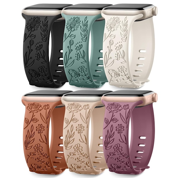 6 Pack Multi-pattern Engraved Straps Compatible with Apple Watch Strap 40mm 41mm 38mm Women, Soft Silicone Flowers Sport Band