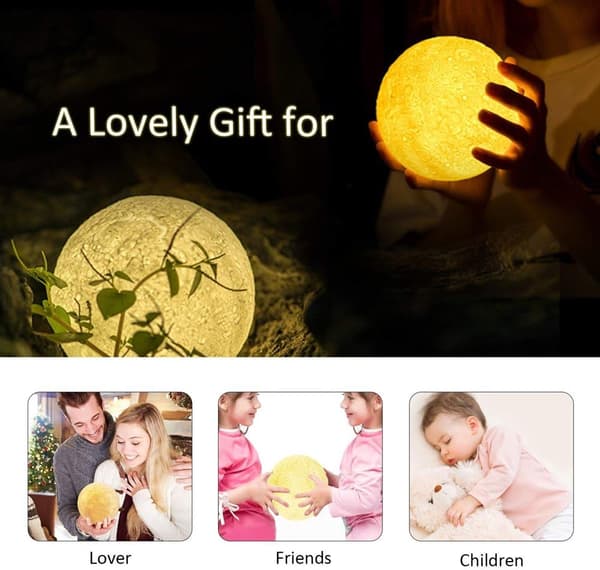 3D Fullmånelampe, 20 cm LED Månenattlampe [Berøringskontroll][USB-lading][Gratis trestativ] Dimbar