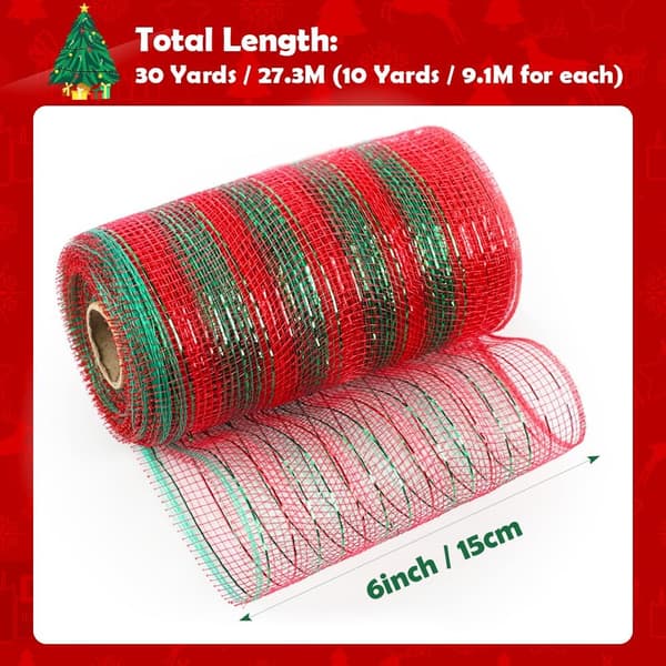 3 ruller netruller, 15 cm x 9,1 m julebånd til kranse, guirlander og julepynt (rød hvid+rød grøn+hvid)