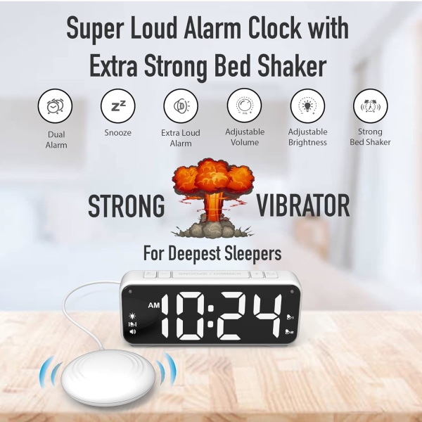 A5 supervibrerande väckarklocka + superhög väckarklocka, lämplig för tunga sovare/döva/hörselskadade personer, superstor display black