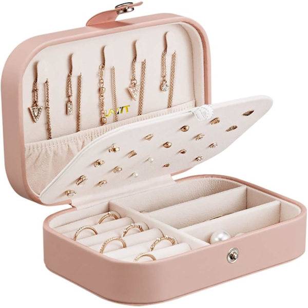 Smyckeskrin Organizer Liten Resa PU Läder Smycken Förvaringslåda för Ringar Örhängen Halsband Armband Konstläder(Rosa)