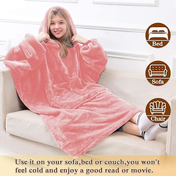 Hettegenser-teppe, Oversized Sherpa-hettegenser, Bærbar hettegenser-genser-teppe, Supermyk varm komfortabel teppe-hettegenser, One Size Fits All Adults Pink