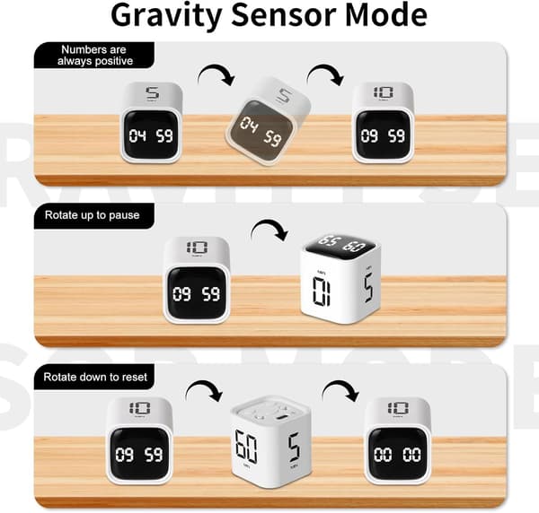 Tyngdekraftsensor Flip Cube Timer, Kjøkkentimer for matlaging, Stille Studietimer, Digital Nedtellingstimer for Barn, Trening (Hvit)