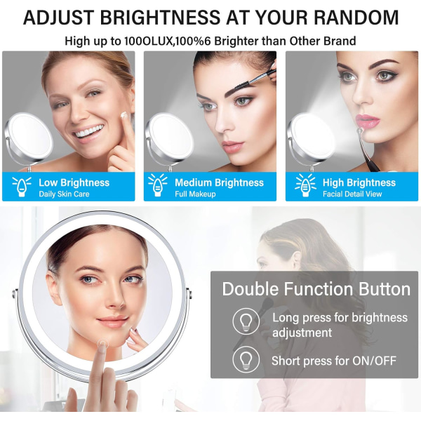 8\" Lighted Makeup Mirror, 10X Makeup Mirror with Lights, Double Sided Dimmable Magnifying Mirror with Light