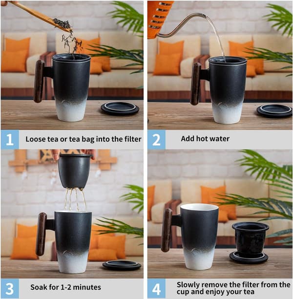 Gradient Keramisk Tekop med Låg, med Infuser i Rustfrit Stål, Perfekt til Kontor- og Hjemmebrug, Sort 400ml (Sort Hvid)